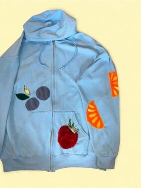 Fun whimsical Light Blue Zip Hoodie hand stitched Appliqués